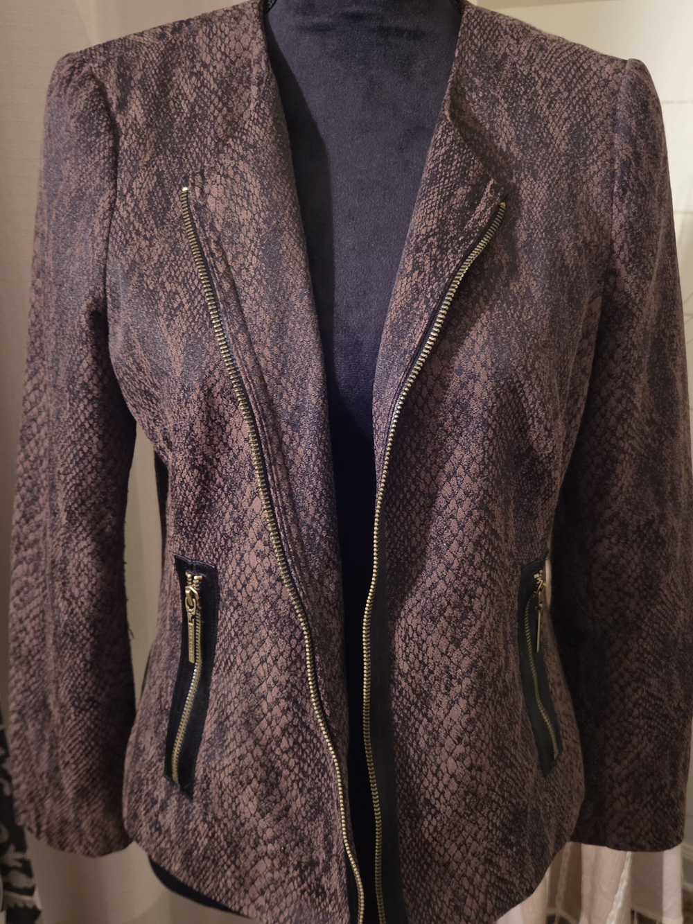 Brown Snakeskin Print Collarless Full Zip Jacket Office Blazer Executive Core